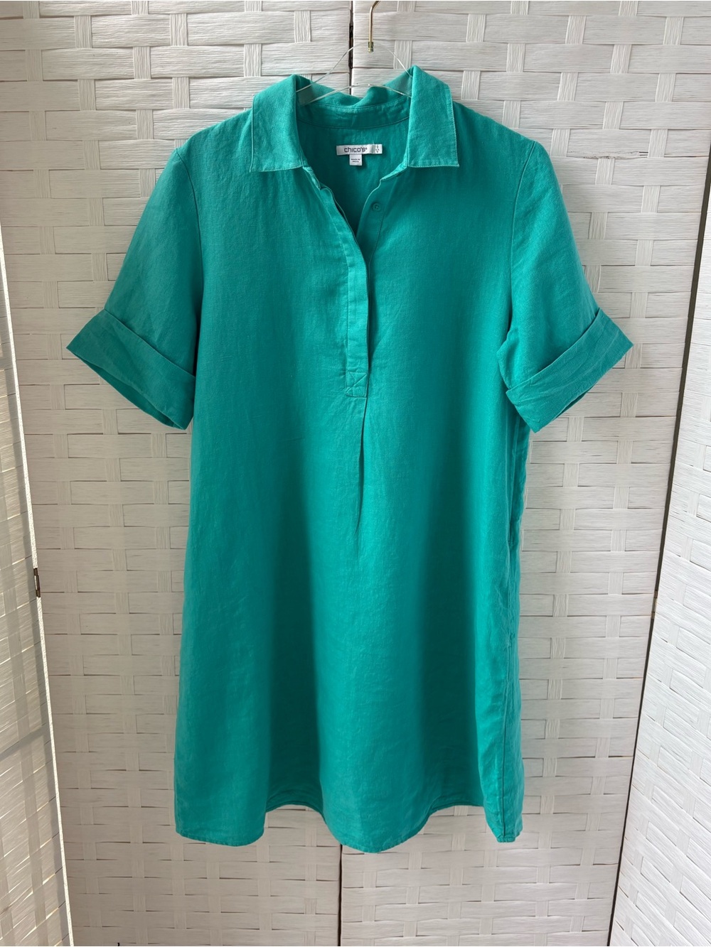 Chico's Size 12 Linen Teal‎ Green Dress Pockets Buttons Cuffs Cruise Lightweight